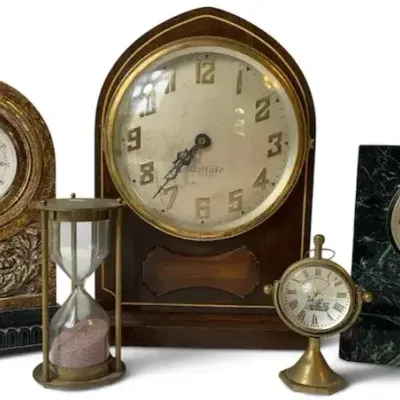 Sale Photo Thumbnail #24: Wallace Electric Mantel Clock & Vintage Decorative Clocks with Hourglass – 4 Clocks + Hourglass