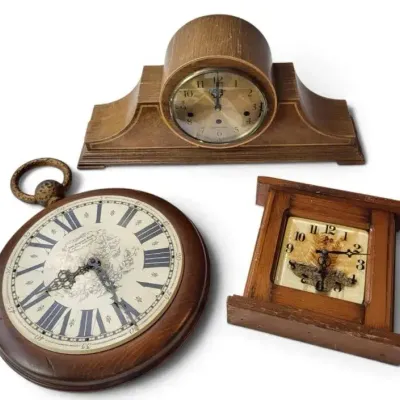 Sale Photo Thumbnail #11: New England Clock Co. & Colorflo Clocks – Vintage Wood Mantel & Wall Clock 3-Pc Lot