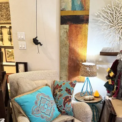 Sale Photo Thumbnail #10: fabric rocking chair beautiful pillows artwork and man climbing wall