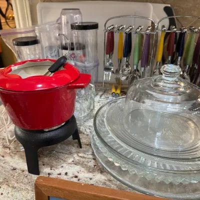 Sale Photo Thumbnail #87: vintage red fondue set silverware dishes