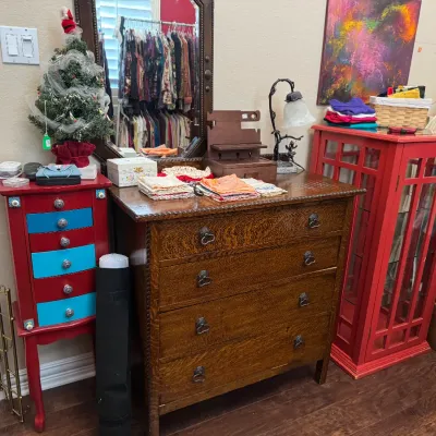 Sale Photo Thumbnail #59: red turquoise jewelry case antique oak dresser red window cabinet