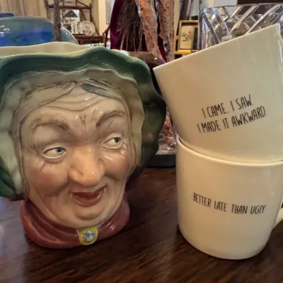 Sale Photo Thumbnail #64: Toby Jug, England, Beskwickware, named Sainey Gamp and Sip drinkware with funny sayings