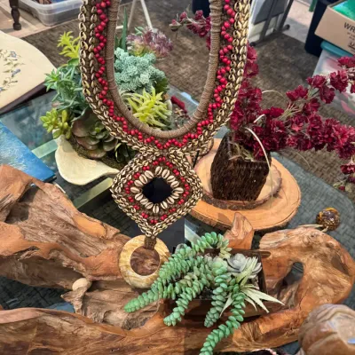 Sale Photo Thumbnail #30: tribal ceremonial necklace woven rope red beads and papua shells