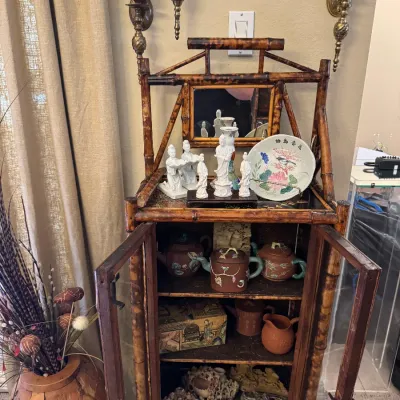 Sale Photo Thumbnail #20: bamboo cabinet with assorted asian pieces
