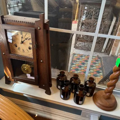 Sale Photo Thumbnail #40: antique table clock brown medicine bottles carved candle stick
