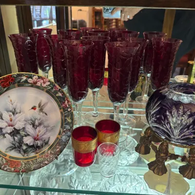 Sale Photo Thumbnail #60: ruby red champagne flutes purple cut crystal bowl