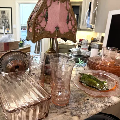 Sale Photo Thumbnail #58: pink depression glass and antique table lamp