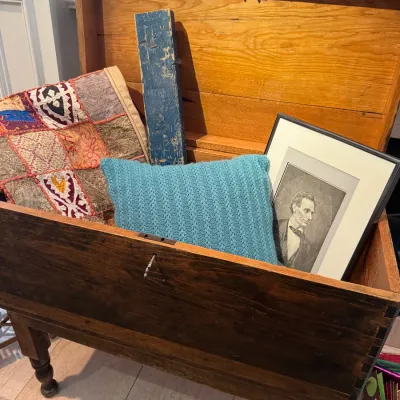 Sale Photo Thumbnail #39: antique sugar chest with portrait of abe lincoln tapestry