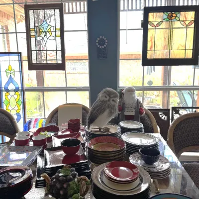Sale Photo Thumbnail #43: assortment of dishes stain glass owl glass top kitchen table