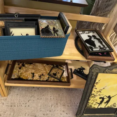 Sale Photo Thumbnail #31: large collection of framed glass silhouettes and more