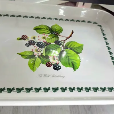 Sale Photo Thumbnail #86: Portmeirion Botanic Garden "The Wild Blackberry" melamine serving tray with integrated handles and a green leaf border.