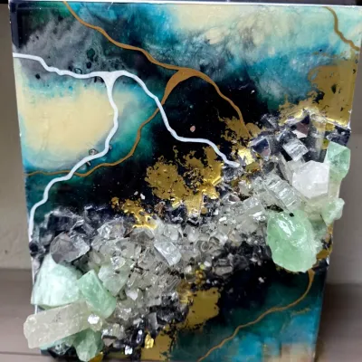 Sale Photo Thumbnail #14: Contemporary geode-style resin art piece featuring teal, gold, and black swirls accented with embedded green and clear crystals.