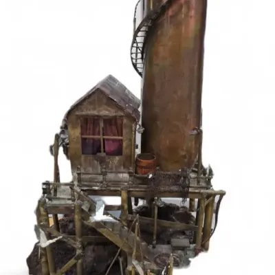 Sale Photo Thumbnail #74: Intricate mixed-metal sculpture of a lighthouse and keeper's cottage, featuring a spiral staircase, rocky base, and small boats.