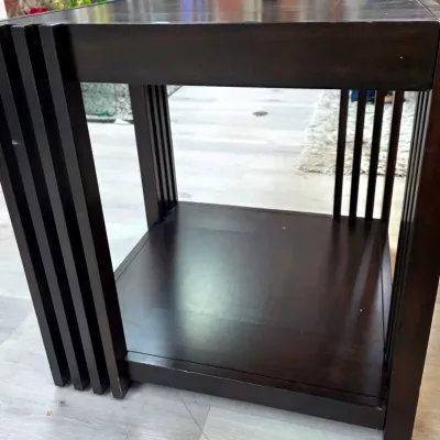 Sale Photo Thumbnail #23: Contemporary dark wood end table featuring a slatted open design and a lower storage shelf.