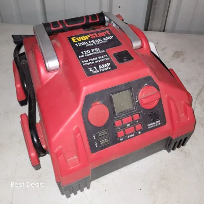 Sale Photo Thumbnail #37: EverStart 1200 Peak Amp jump starter and power station, featuring a 120 PSI air compressor, 400-watt power inverter, and USB ports, showing some light wear from use.