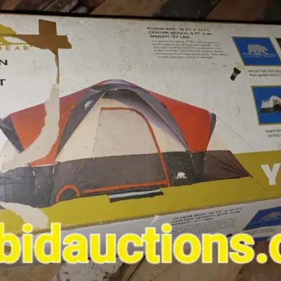 Sale Photo Thumbnail #46: Golden Bear Yosemite 18, a 7-8 person 3-room dome tent, in its original box with some wear and tape.