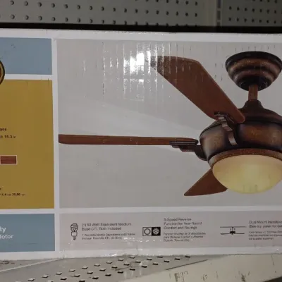 Sale Photo Thumbnail #16: Hampton Bay Midili 44-inch indoor ceiling fan in original box, featuring a gilded espresso finish and champagne glass light fixture.