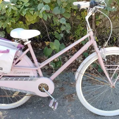 Sale Photo Thumbnail #15: Vintage Huffy Supreme women's cruiser bicycle in pastel pink, featuring a step-through frame, white tires, a rear rack with canvas saddlebags, and a chain guard.