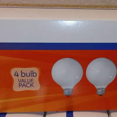 Sale Photo Thumbnail #35: GE soft white 40-watt decorative G25 light bulbs, four-pack in original box.