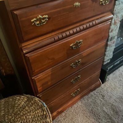 Sale Photo Thumbnail #8: Traditional five-drawer wooden chest of drawers featuring ornate brass pull handles and a warm cherry finish.