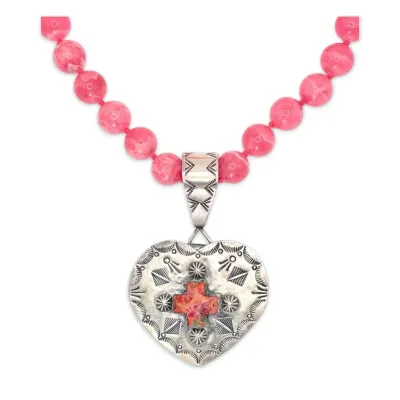Sterling Silver KC Cooke Heart Pendant on Pink Agate Bead Necklace (110g Total)