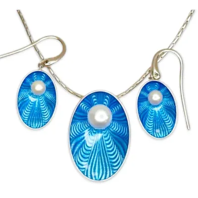 Sterling Silver Blue Enamel & Pearl Necklace & Earring Set (18.53g Total)
