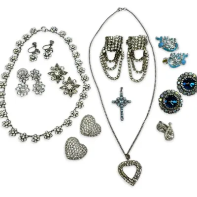Vintage rhinestone earrings and necklaces