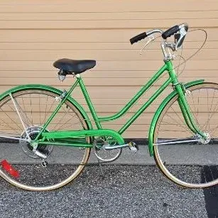Vintage Schwinn Suburban 10-speed women's cruiser bicycle in metallic green, featuring matching fenders and a step-through frame.