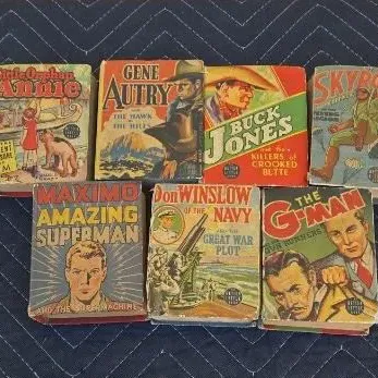 Collection of seven vintage Big Little Books from the 1930s and 1940s, featuring titles like Little Orphan Annie, Gene Autry, Buck Jones,...