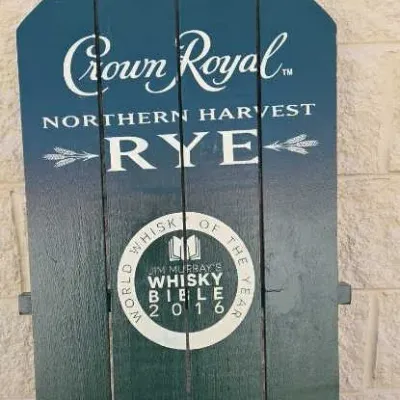 Crown Royal Northern Harvest Rye promotional wooden sign, styled like the back of an Adirondack chair, celebrating the 2016 World Whisky...