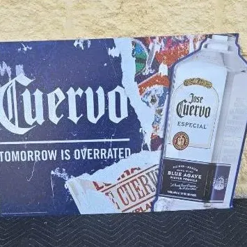 Jose Cuervo Especial metal advertising sign featuring a bottle graphic and the slogan "Tomorrow is Overrated."