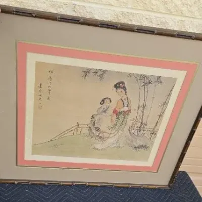 Framed Chinese watercolor painting depicting two figures in a landscape with bamboo, featuring a double mat and a faux-bamboo wooden frame.