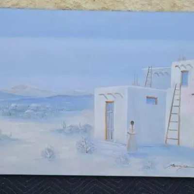 Original Southwestern oil painting on canvas depicting a pueblo scene in soft blue and white tones, signed by the artist in the lower...