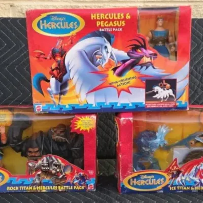 Three vintage Disney's Hercules action figure battle packs by Mattel, including Hercules & Pegasus, Rock Titan & Hercules,...