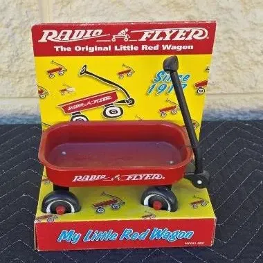 Vintage Radio Flyer "My Little Red Wagon" miniature collectible, model #901, in its original cardboard display packaging.
