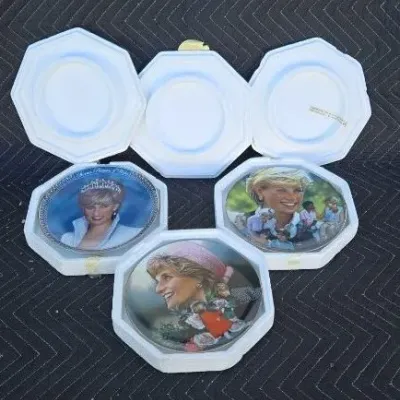 Set of three Princess Diana commemorative collector plates, each housed in its original octagonal styrofoam protective packaging.