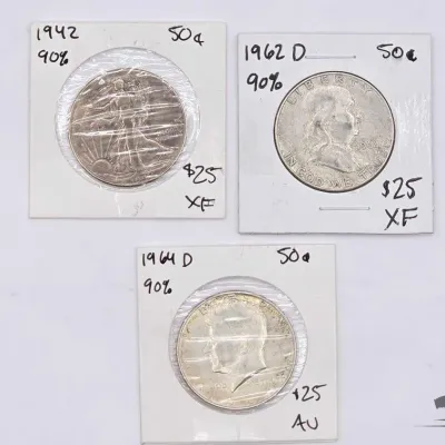 1398 3 silver half dollars 90 silver