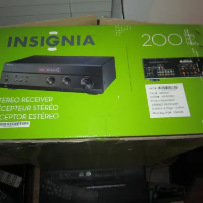Insignia NS-R2001 200-watt stereo receiver, shown in its original green and white retail box.