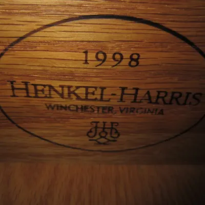 Henkel-Harris maker's mark stamped on a wooden drawer interior, dated 1998.