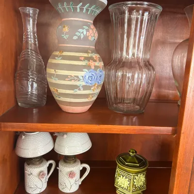 Assorted vintage glassware and ceramics, including a hand-painted floral frosted glass vase, a ribbed clear glass vase, a pair of...