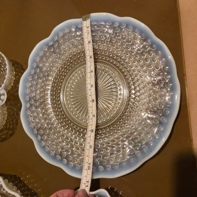 Sale Photo Thumbnail #109: How cute is that 3 compartment relish??? Anchor Hocking Moonstone divided relish dishes, large round platter and a small ruffle edge dish