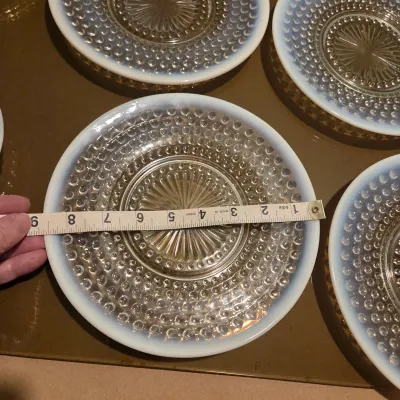 Sale Photo Thumbnail #104: Set of 4 plates, 2 shallow small dishes and a covered candy dish in Anchor Hocking Moonstone.