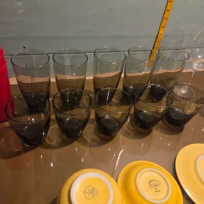 Sale Photo Thumbnail #31: Misc lot of yellow fiesta, great red wine goblets, set of smoke glasses and red plastic cups