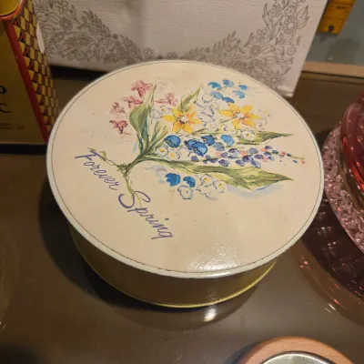 Sale Photo Thumbnail #2: Sweet lot including a gorgeous cut ruby flashed powder box, a pincushion and thimble and other vintage vanity type items