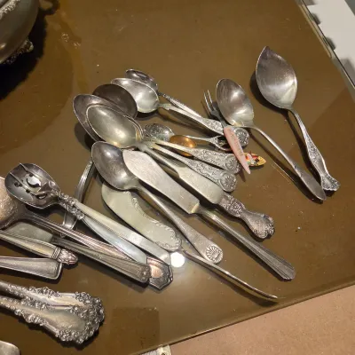 Sale Photo Thumbnail #78: Handful of interesting silver plate / stainless, the casserole is particularly pretty with a secondary removable band, couple smallish platters and some napkin rings