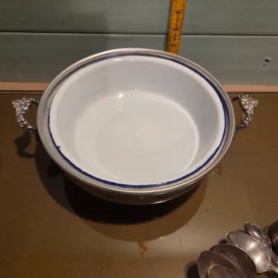 Sale Photo Thumbnail #74: Handful of interesting silver plate / stainless, the casserole is particularly pretty with a secondary removable band, couple smallish platters and some napkin rings