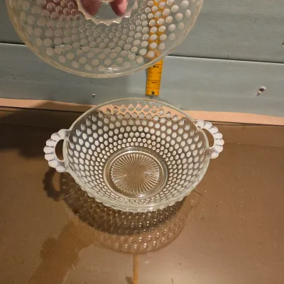 Sale Photo Thumbnail #107: Set of 4 plates, 2 shallow small dishes and a covered candy dish in Anchor Hocking Moonstone.