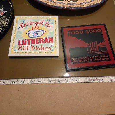 Sale Photo Thumbnail #58: Couple trivets, metal Minnesota tray, PA platter (so cute), coin sorter, liberty bell