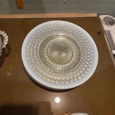 Sale Photo Thumbnail #102: Set of 4 plates, 2 shallow small dishes and a covered candy dish in Anchor Hocking Moonstone.