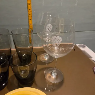 Sale Photo Thumbnail #22: Misc lot of yellow fiesta, great red wine goblets, set of smoke glasses and red plastic cups